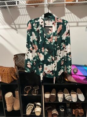 The Limited Dark Green Floral Tie-Neck Blouse